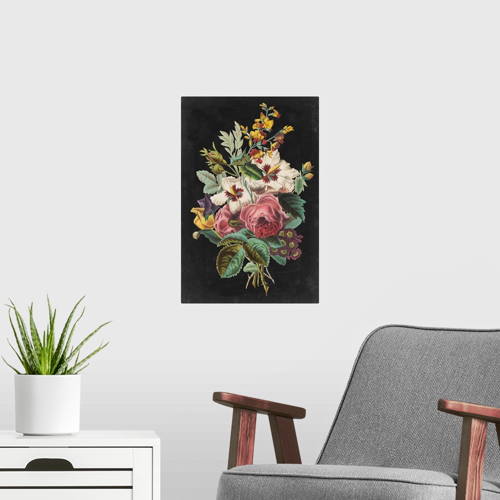 A modern room featuring Vintage stylized floral bouquet in an illustrative style, against a black background.