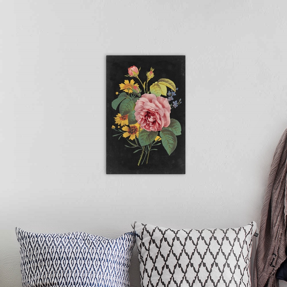 A bohemian room featuring Vintage stylized floral bouquet in an illustrative style, against a black background.