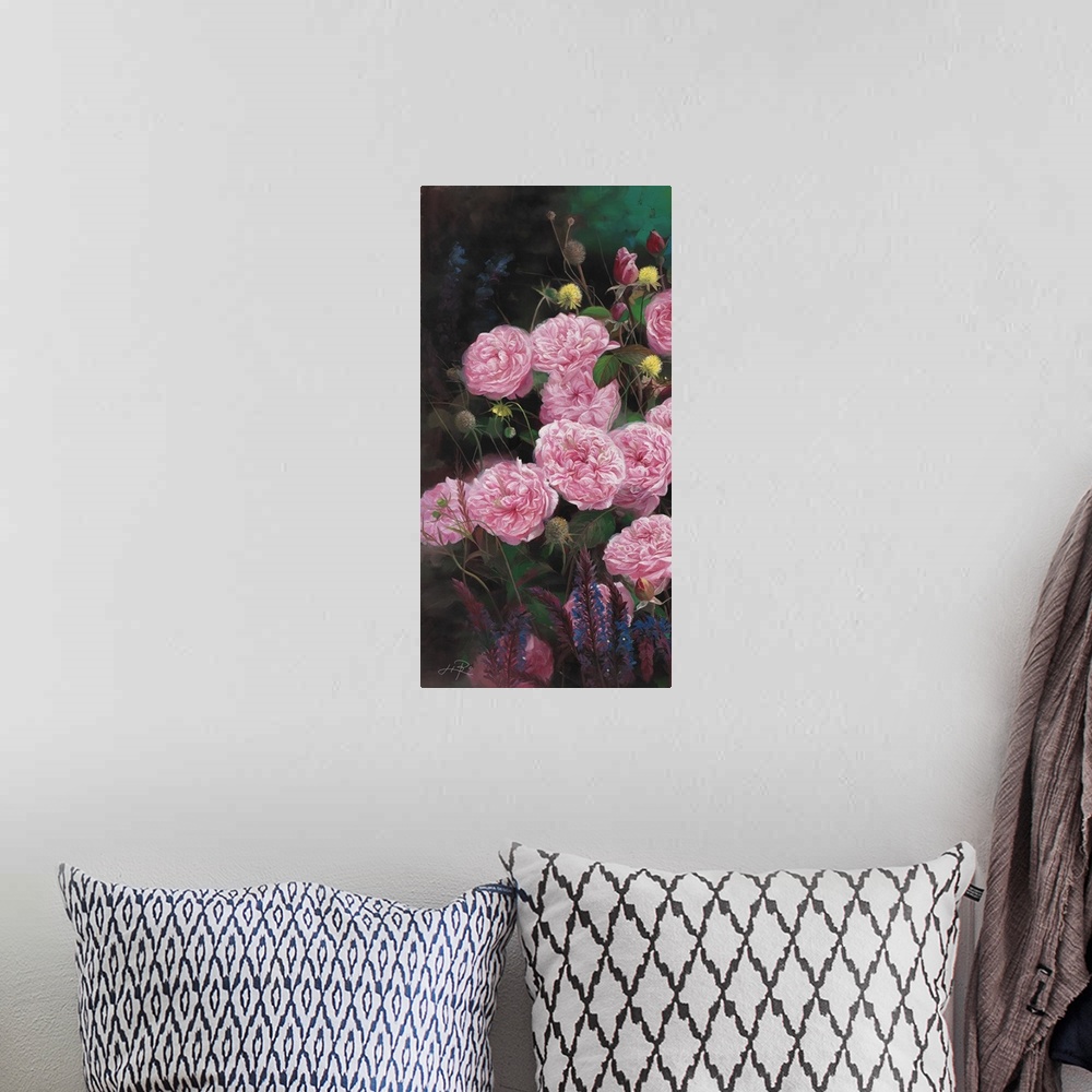 A bohemian room featuring Contemporary painting of vibrant garden flowers.