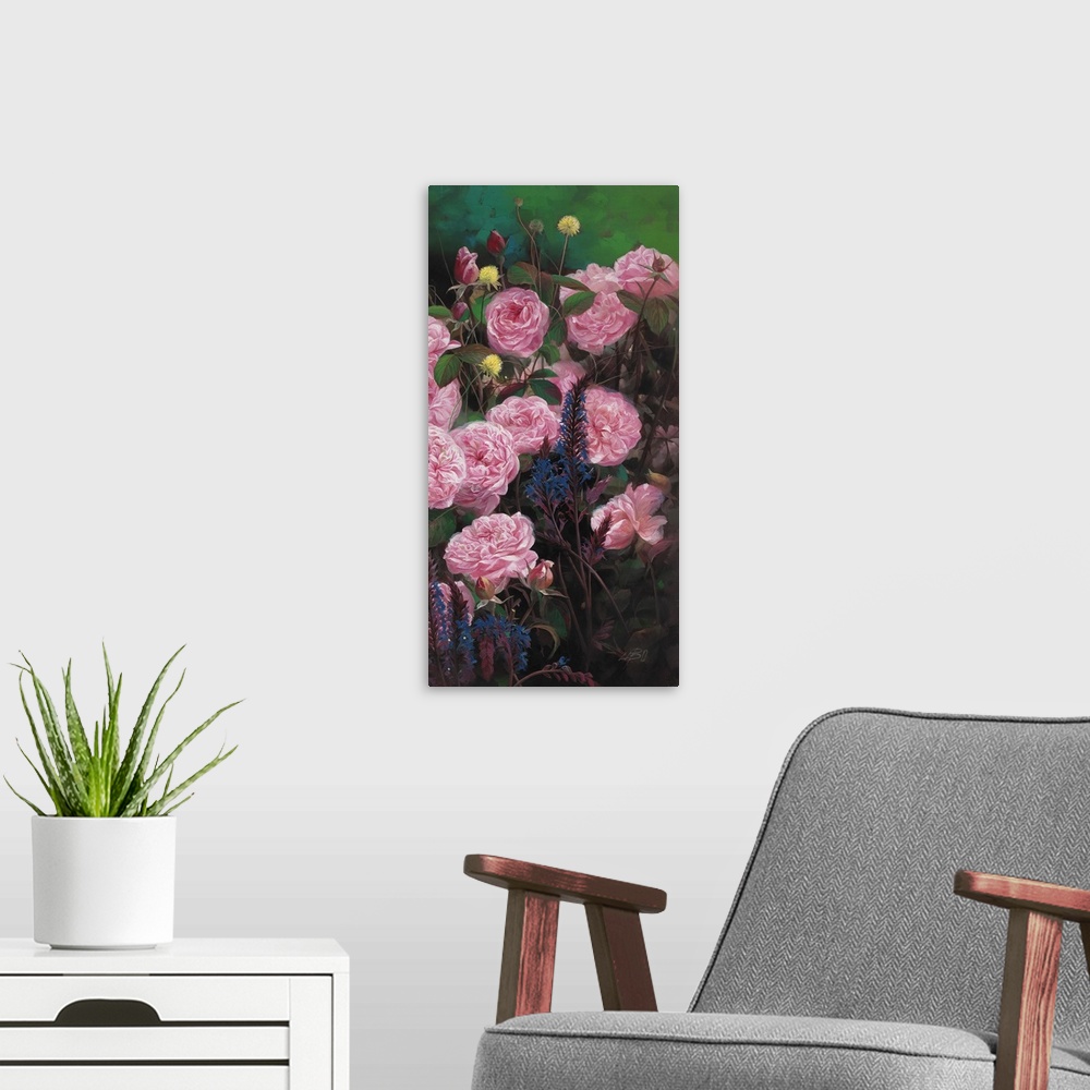 A modern room featuring Contemporary painting of vibrant garden flowers.