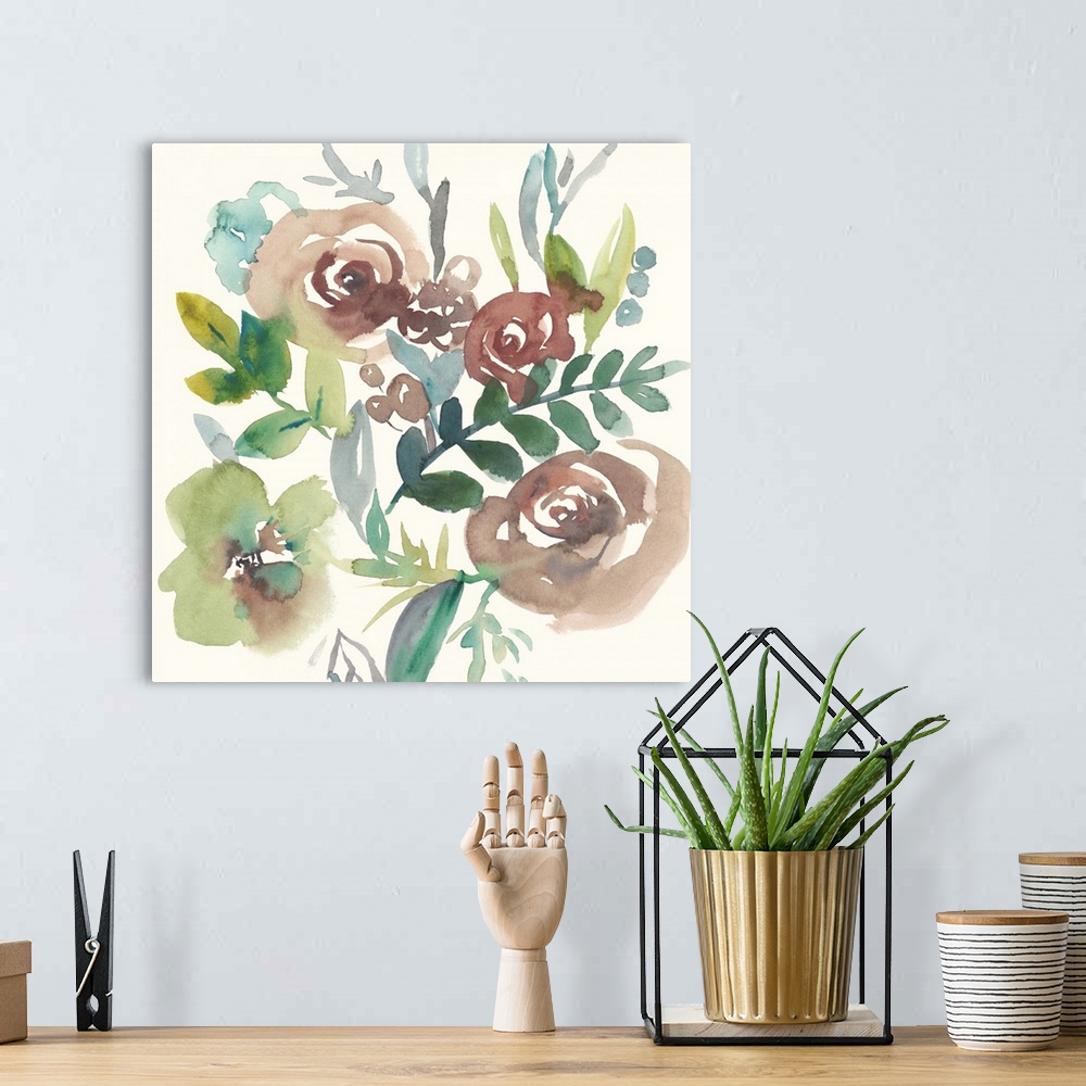 A bohemian room featuring Square watercolor painting of a bouquet of muted flowers on a cream background.