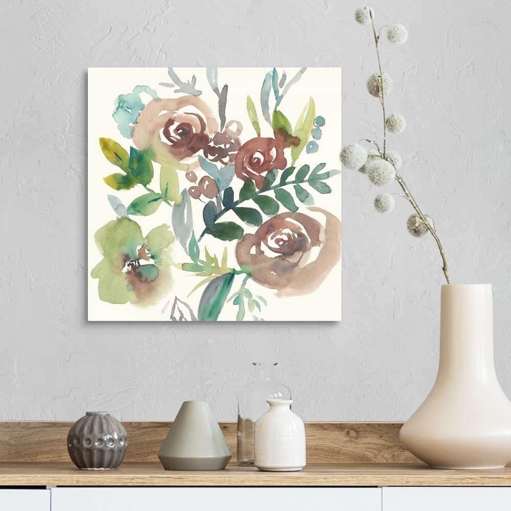 A farmhouse room featuring Square watercolor painting of a bouquet of muted flowers on a cream background.