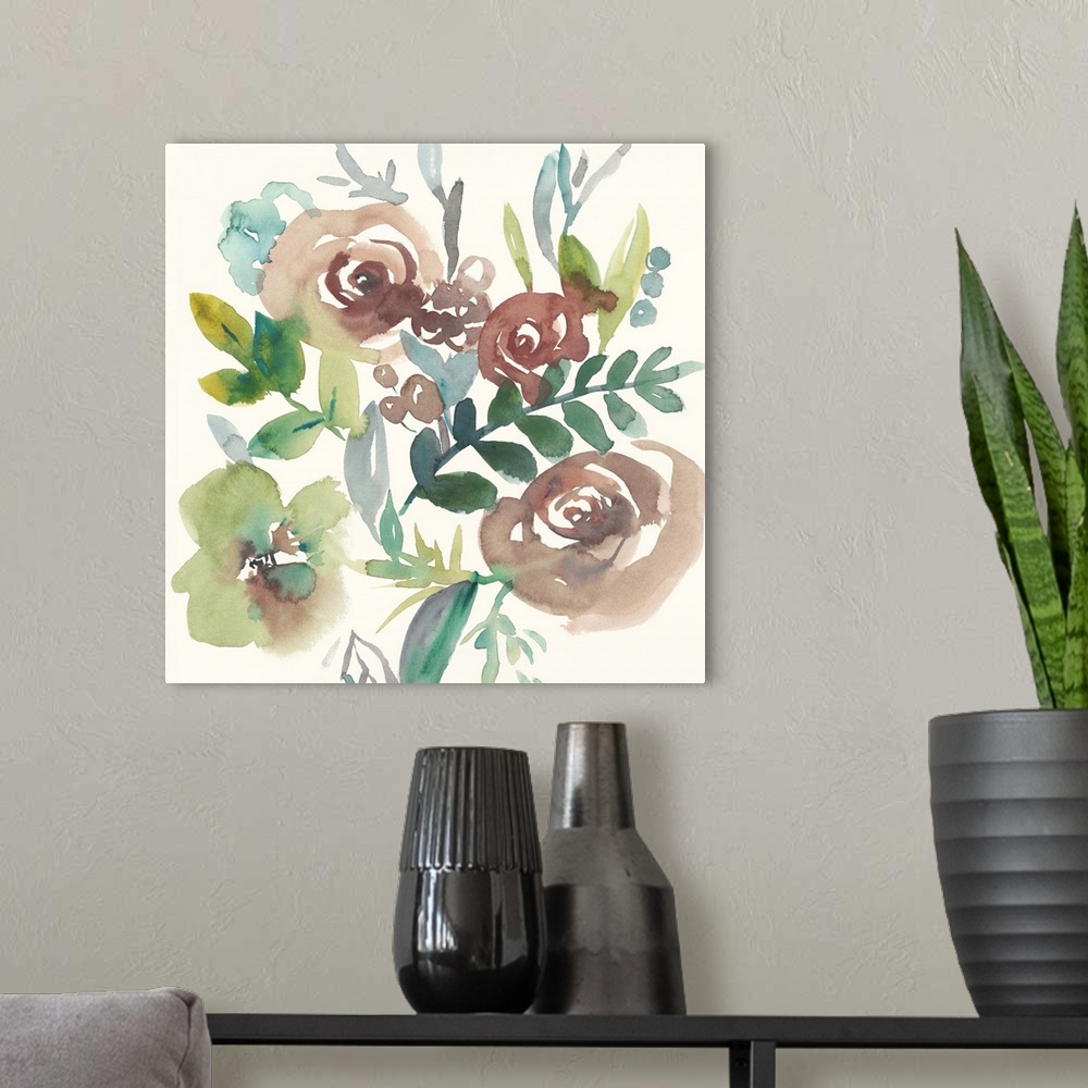 A modern room featuring Square watercolor painting of a bouquet of muted flowers on a cream background.