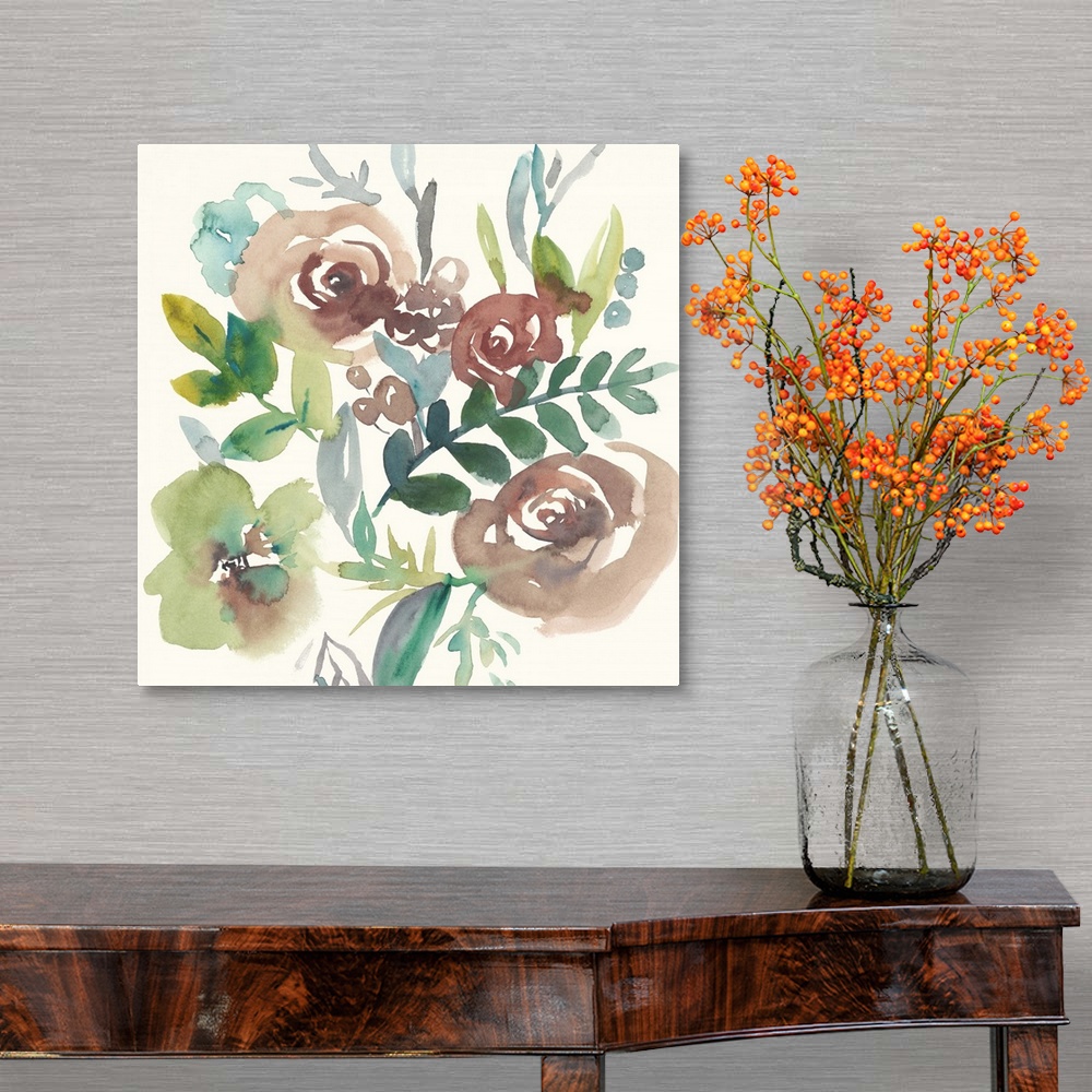 A traditional room featuring Square watercolor painting of a bouquet of muted flowers on a cream background.