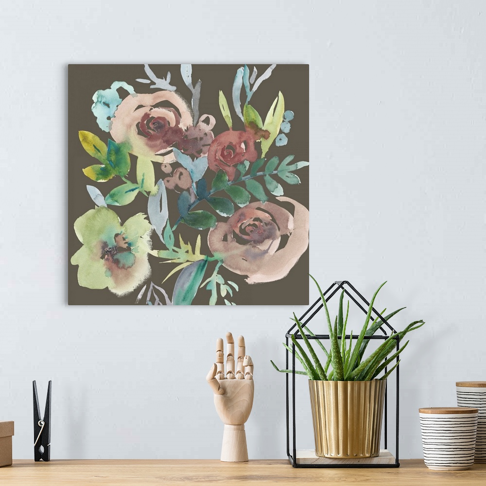 A bohemian room featuring Square watercolor painting of a bouquet of muted flowers on a brown background.