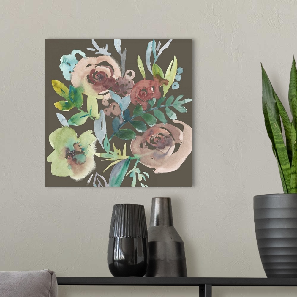 A modern room featuring Square watercolor painting of a bouquet of muted flowers on a brown background.
