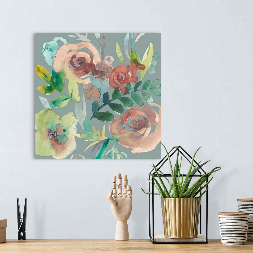 A bohemian room featuring Square watercolor painting of a bouquet of muted flowers on a gray background.