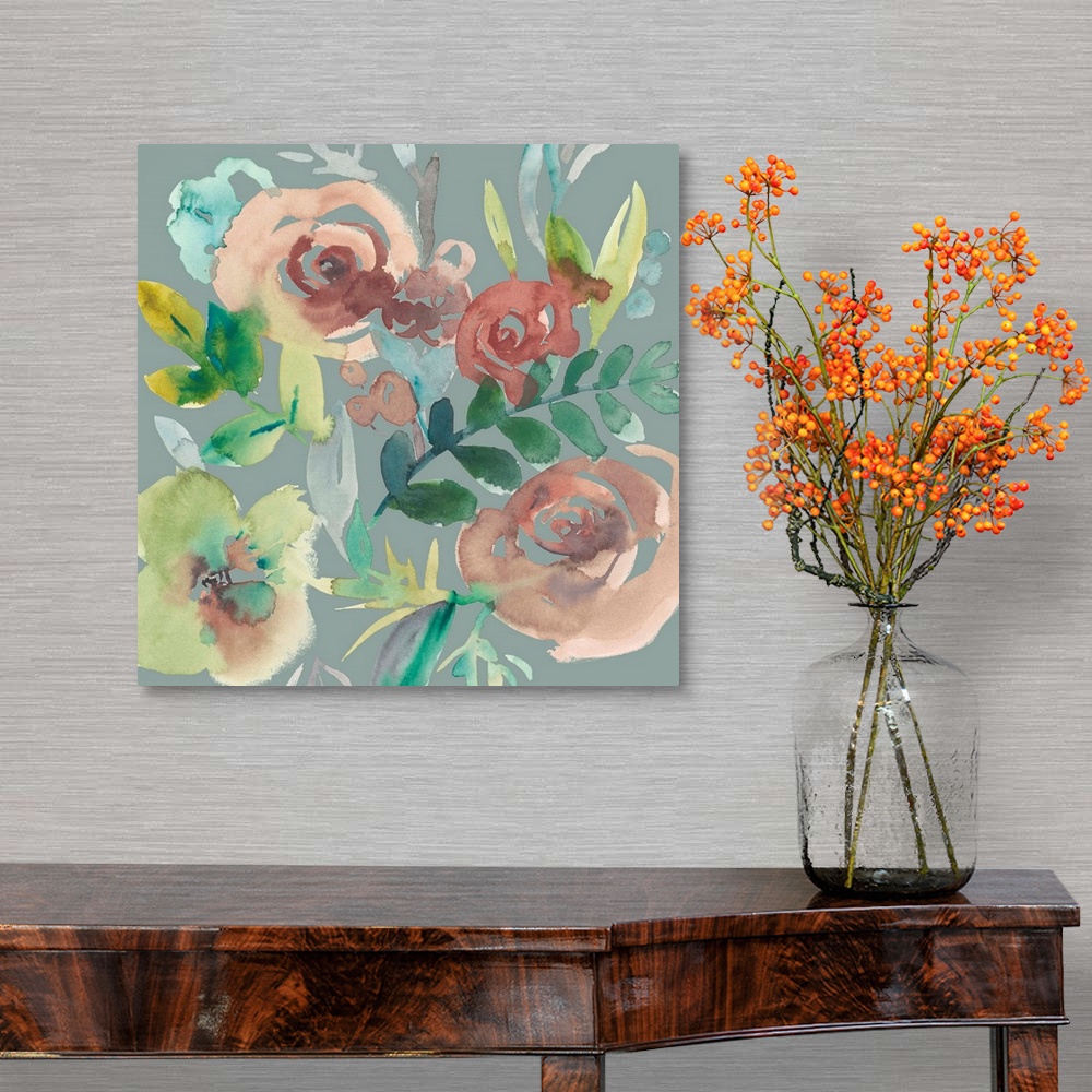 A traditional room featuring Square watercolor painting of a bouquet of muted flowers on a gray background.