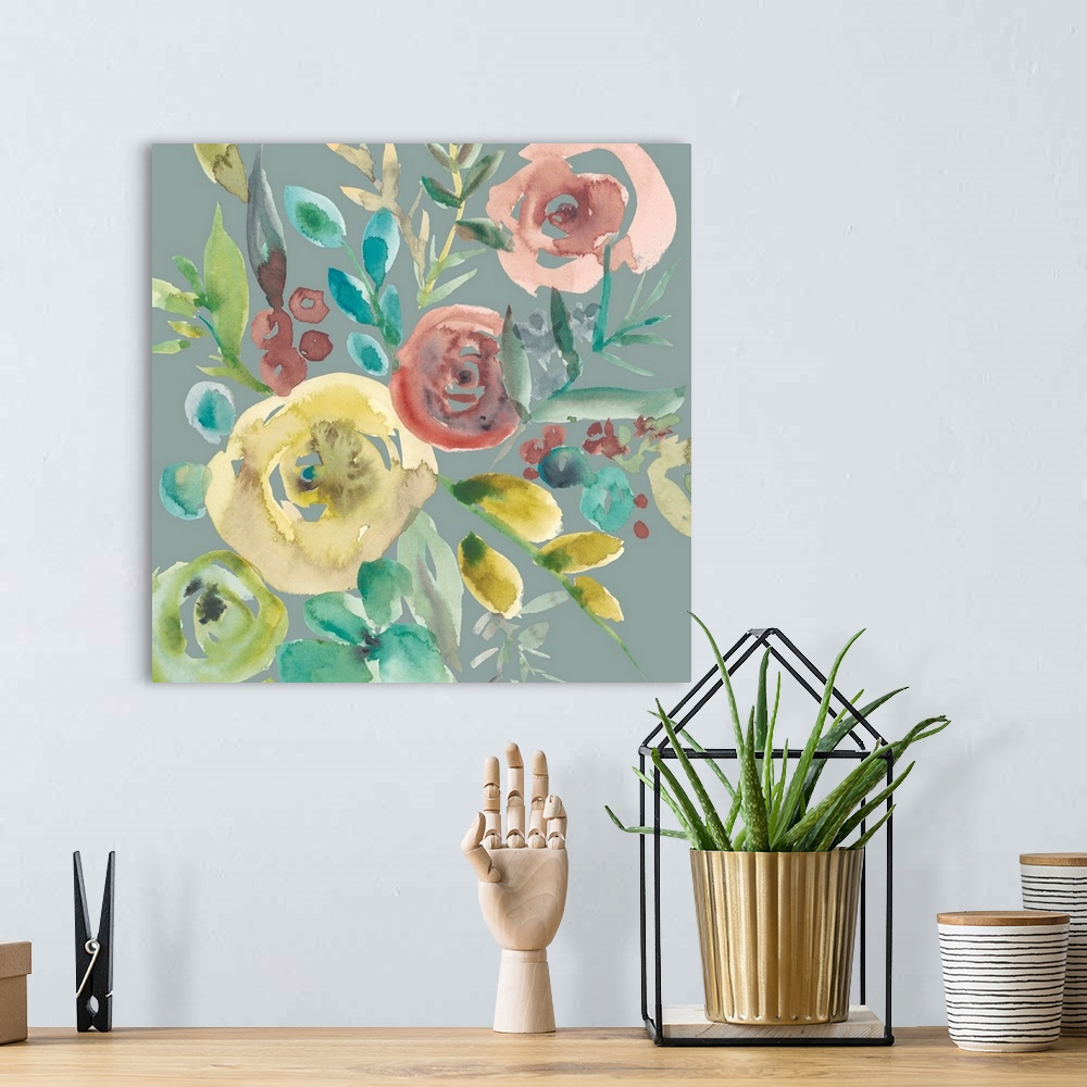 A bohemian room featuring Square watercolor painting of a bouquet of muted flowers on a gray background.