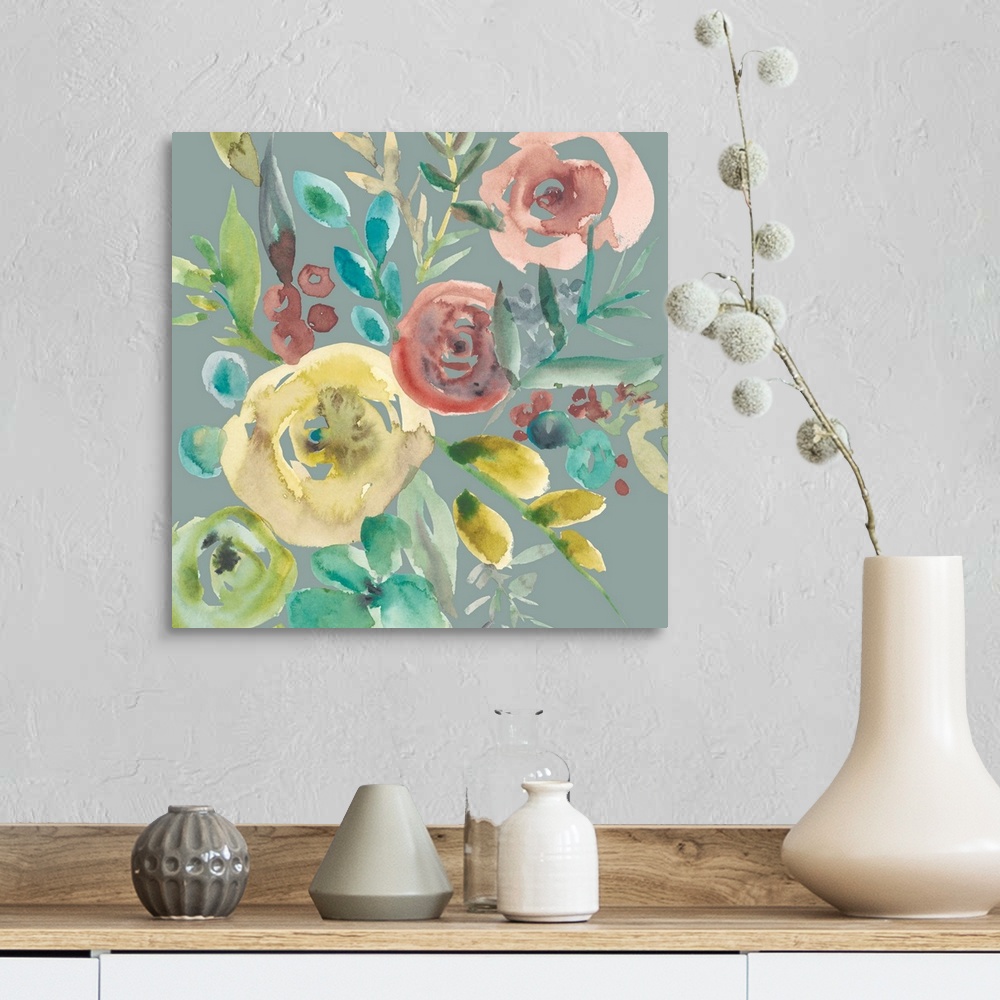 A farmhouse room featuring Square watercolor painting of a bouquet of muted flowers on a gray background.