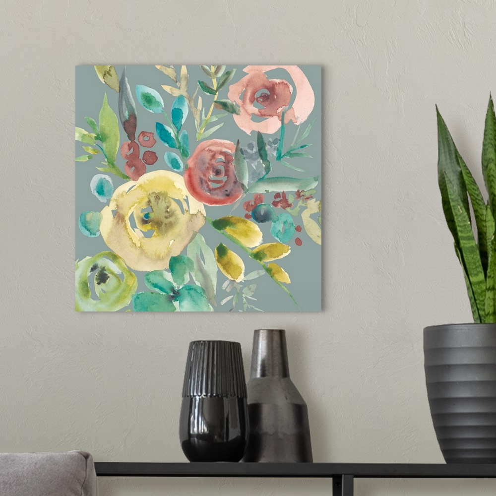 A modern room featuring Square watercolor painting of a bouquet of muted flowers on a gray background.