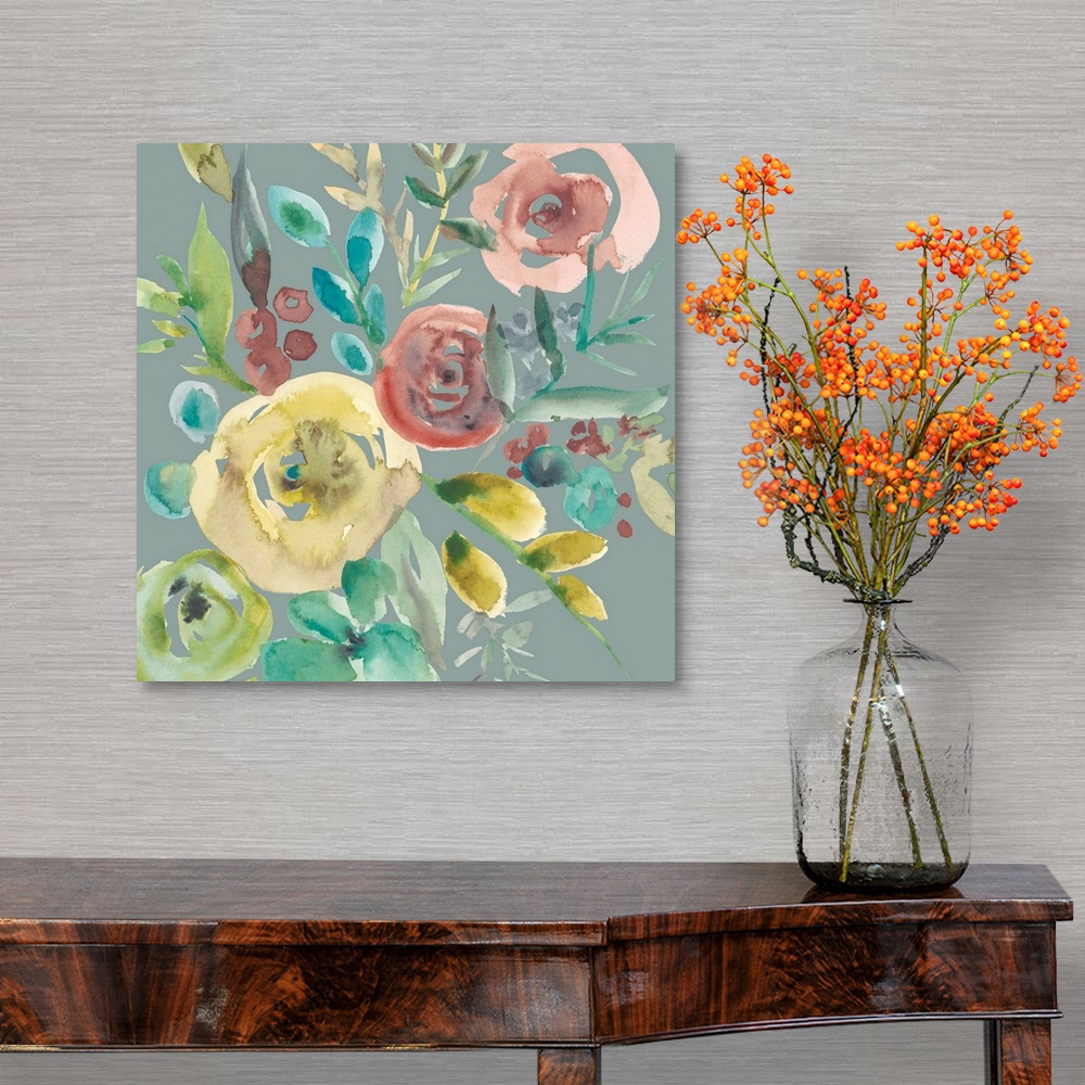 A traditional room featuring Square watercolor painting of a bouquet of muted flowers on a gray background.