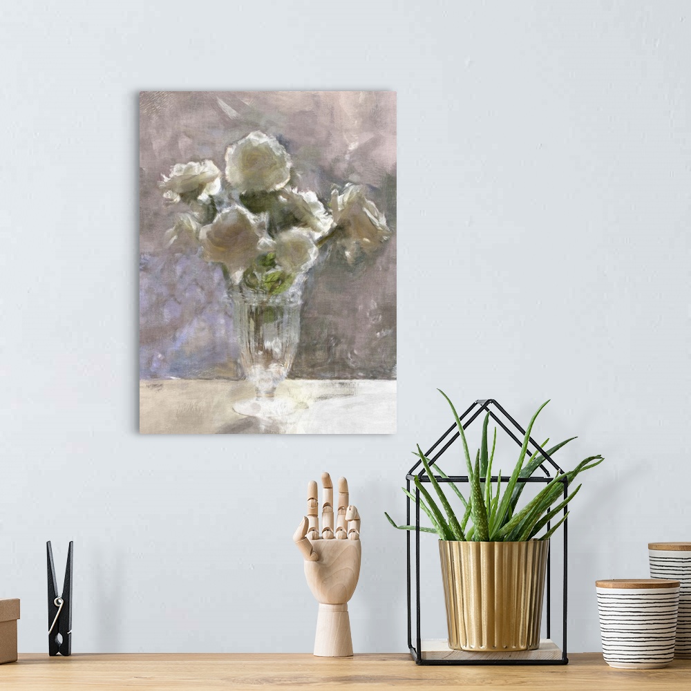 A bohemian room featuring Contemporary painting of a little glass vase holding a small bouquet of white flowers.