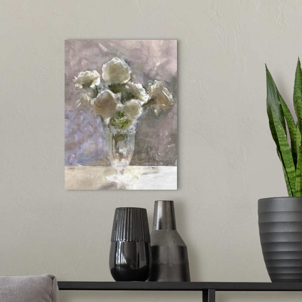 A modern room featuring Contemporary painting of a little glass vase holding a small bouquet of white flowers.