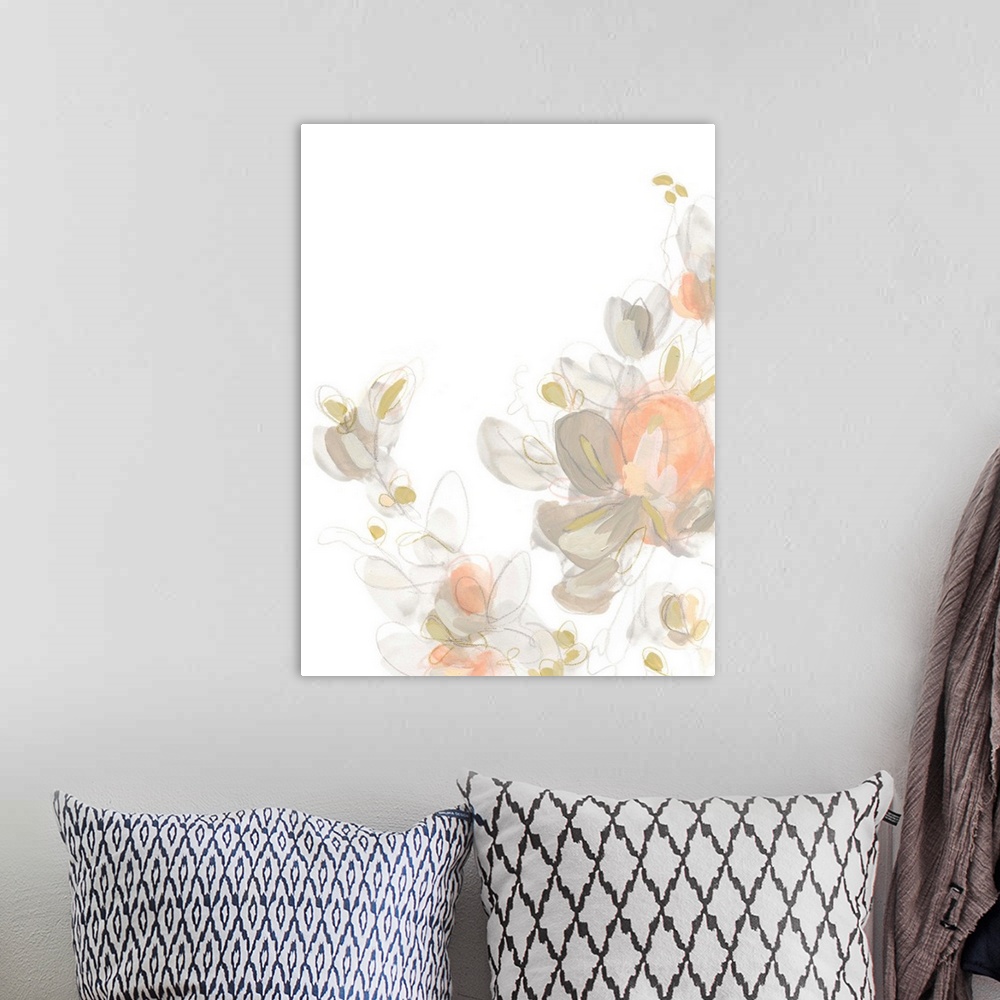 A bohemian room featuring This decorative artwork features soft delicate flowers with transparent painted petals in coral a...