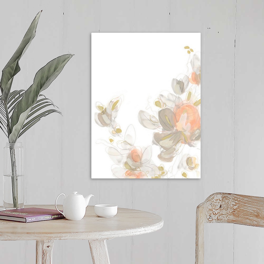 A farmhouse room featuring This decorative artwork features soft delicate flowers with transparent painted petals in coral a...