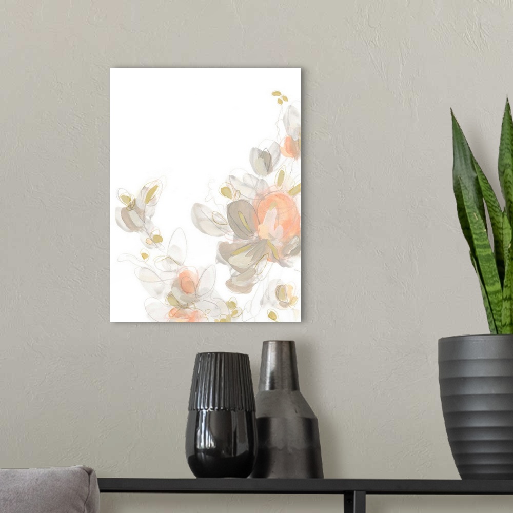 A modern room featuring This decorative artwork features soft delicate flowers with transparent painted petals in coral a...