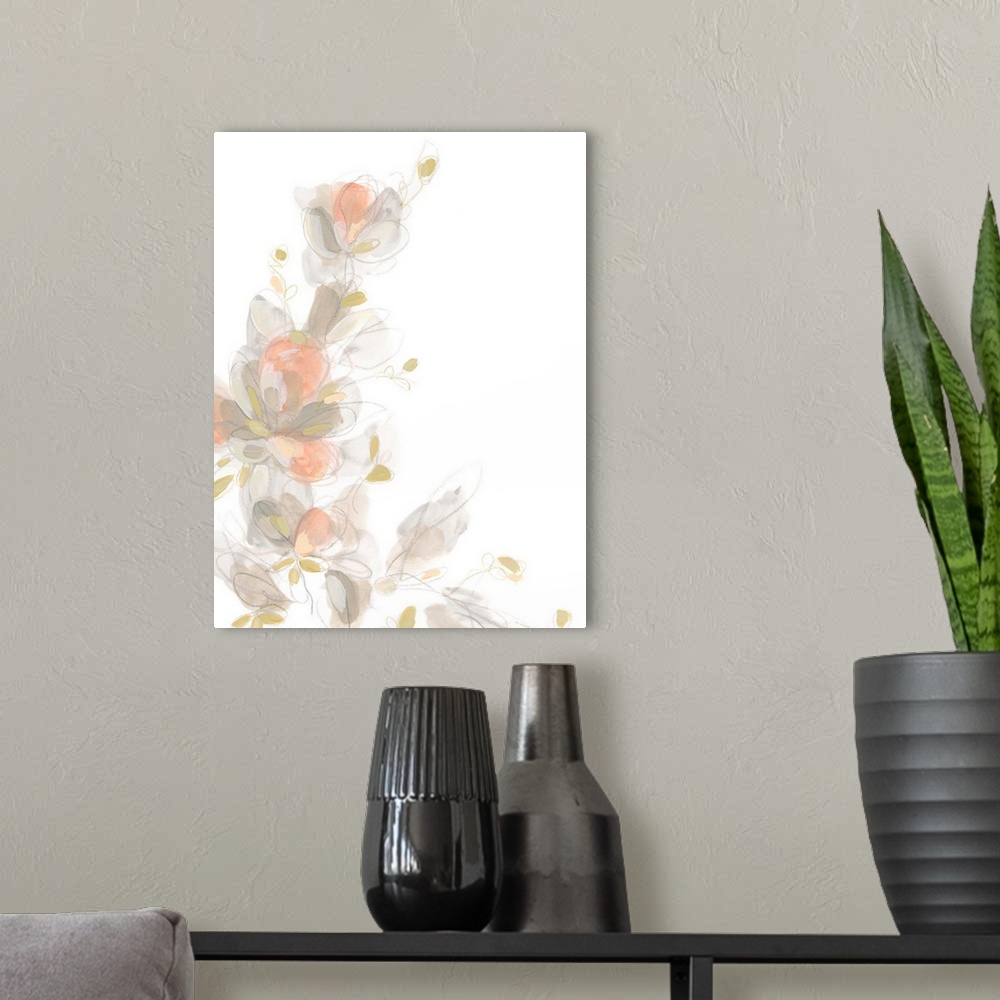 A modern room featuring A vertical abstract of gestural lines and muted pinks accentuates a cluster of flowers.