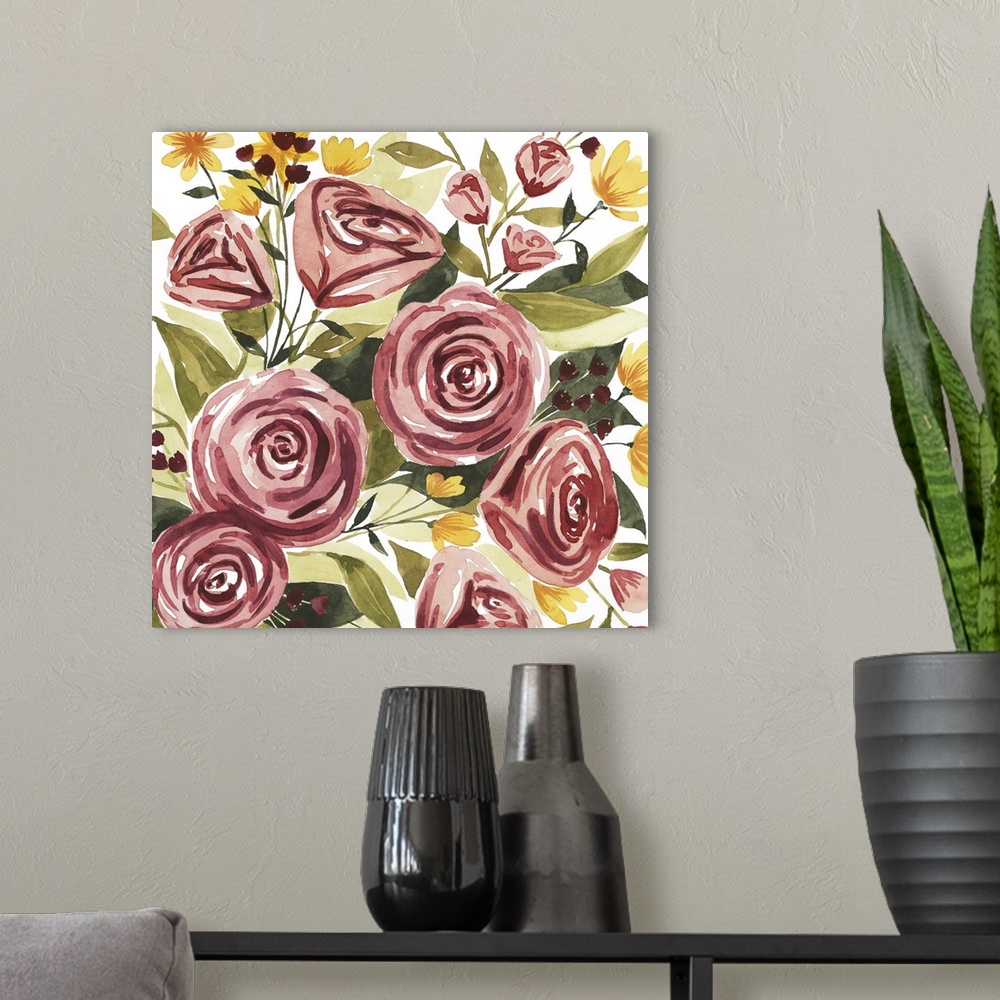 A modern room featuring Whimsical artwork featuring a bouquet of red roses with yellow flowers with green leaves.