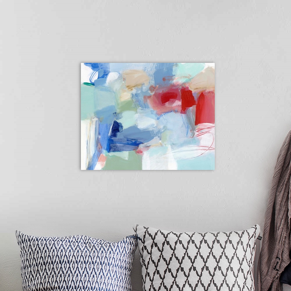 A bohemian room featuring Modern abstract painting in pale blue contrasting with bright red.