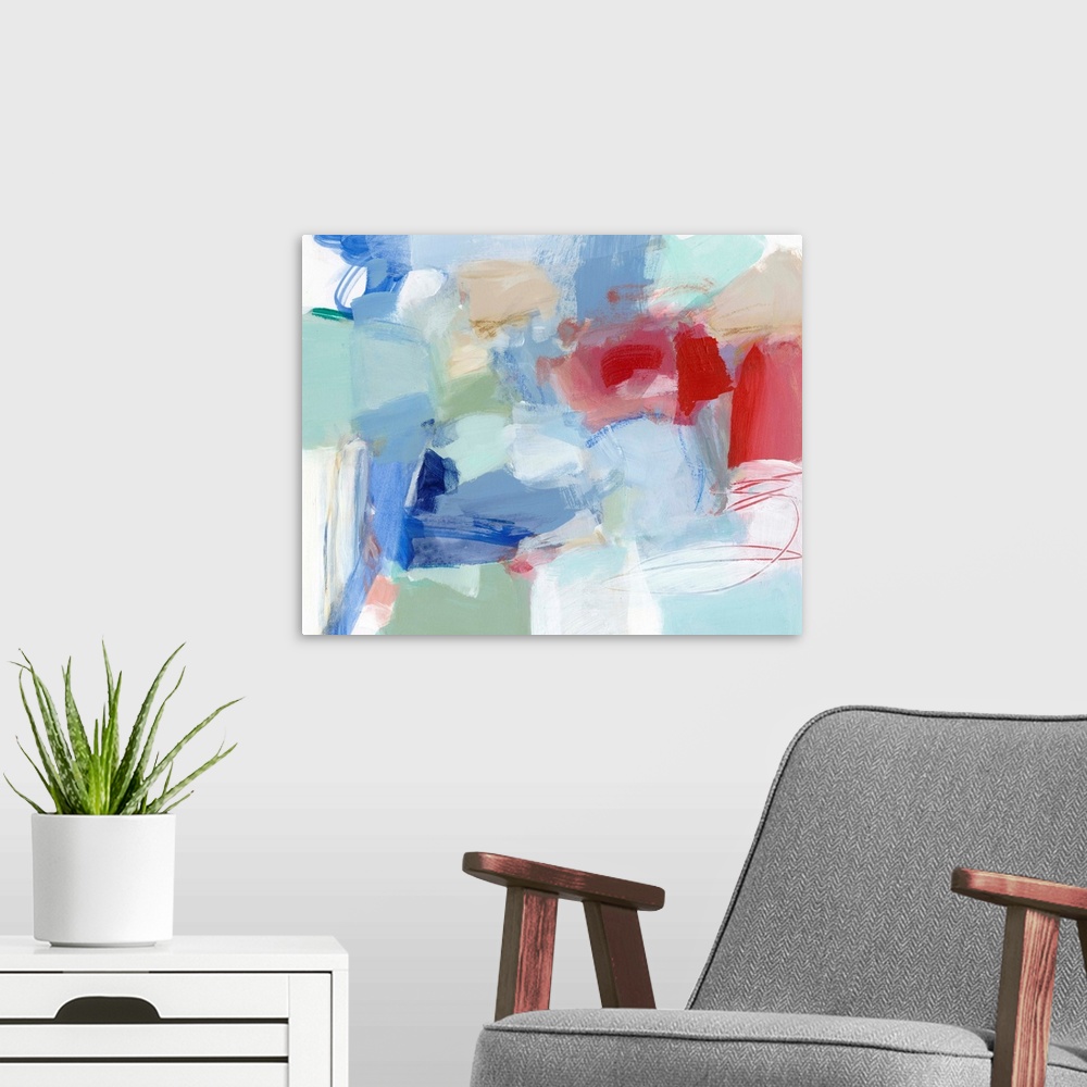 A modern room featuring Modern abstract painting in pale blue contrasting with bright red.