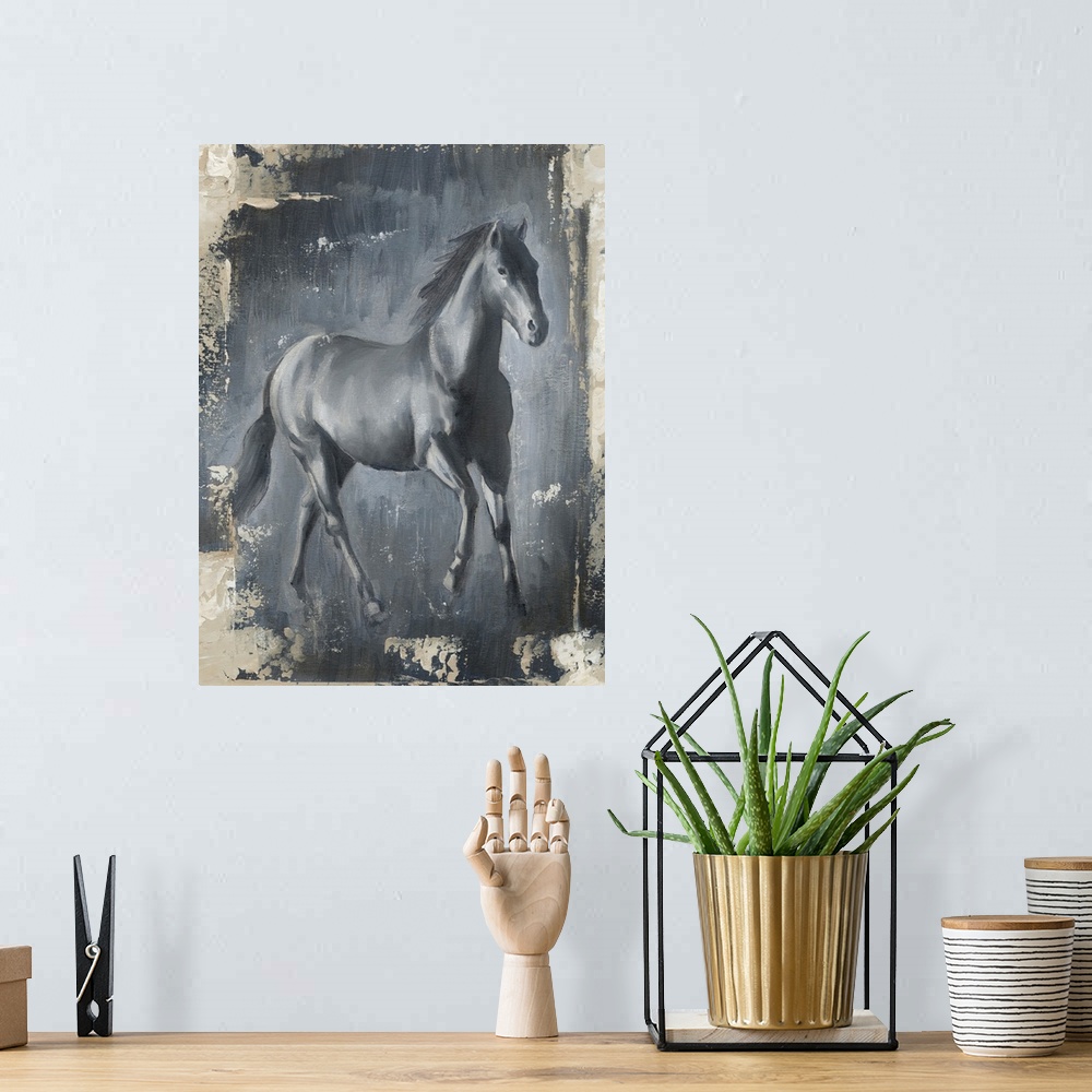 A bohemian room featuring Artwork of a grey stallion against a similar colored background with a tan distressed border arou...