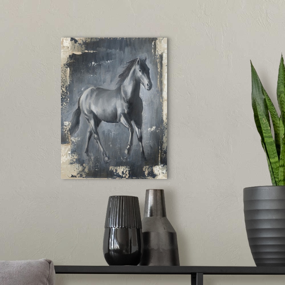 A modern room featuring Artwork of a grey stallion against a similar colored background with a tan distressed border arou...