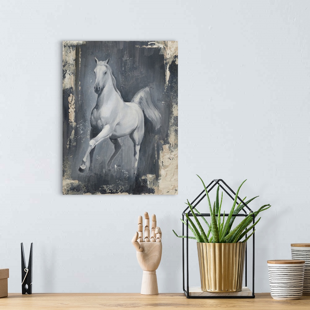 A bohemian room featuring Decorative artwork of a white horse that has a distressed, antique style border around it.