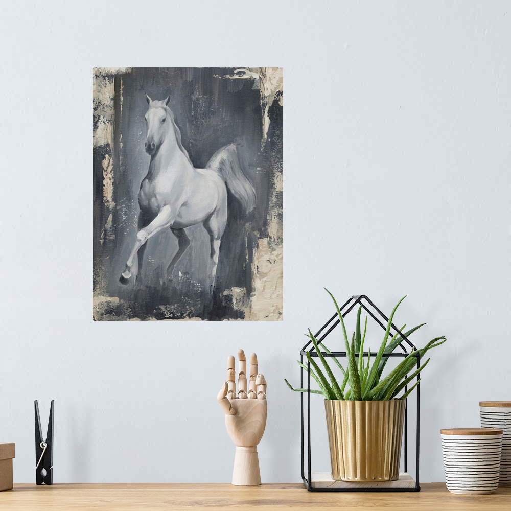 A bohemian room featuring Decorative artwork of a white horse that has a distressed, antique style border around it.