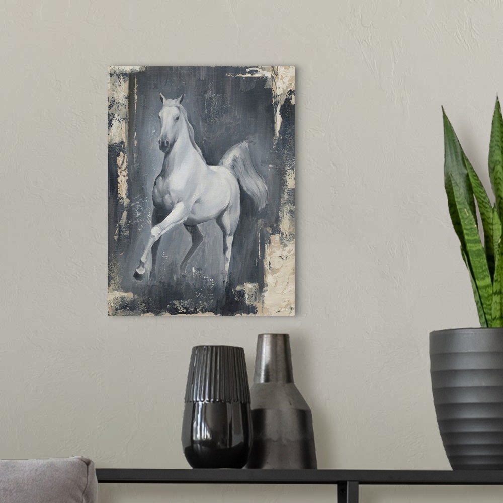A modern room featuring Decorative artwork of a white horse that has a distressed, antique style border around it.