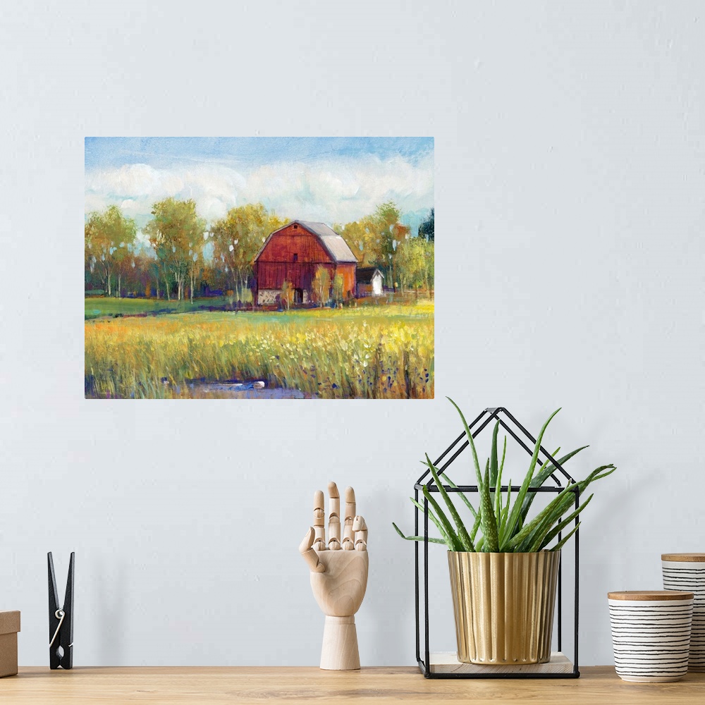 A bohemian room featuring Colorful rural landscape featuring a red barn surrounded by lush, green vegetation.
