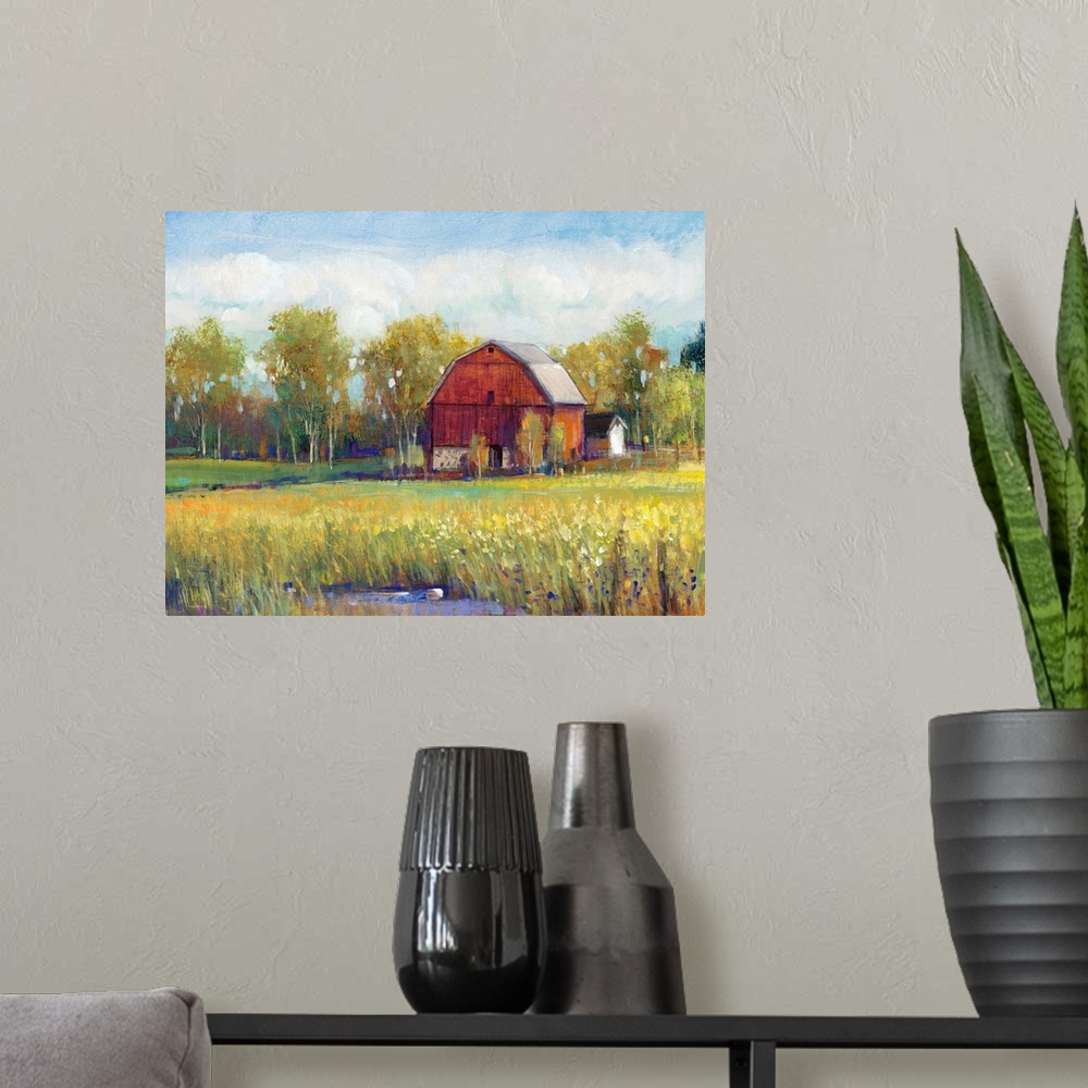 A modern room featuring Colorful rural landscape featuring a red barn surrounded by lush, green vegetation.