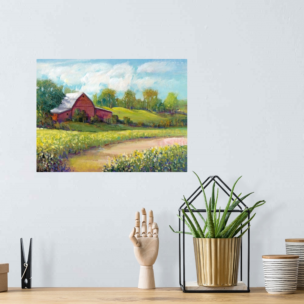 A bohemian room featuring Colorful rural landscape featuring a red barn surrounded by lush, green vegetation.