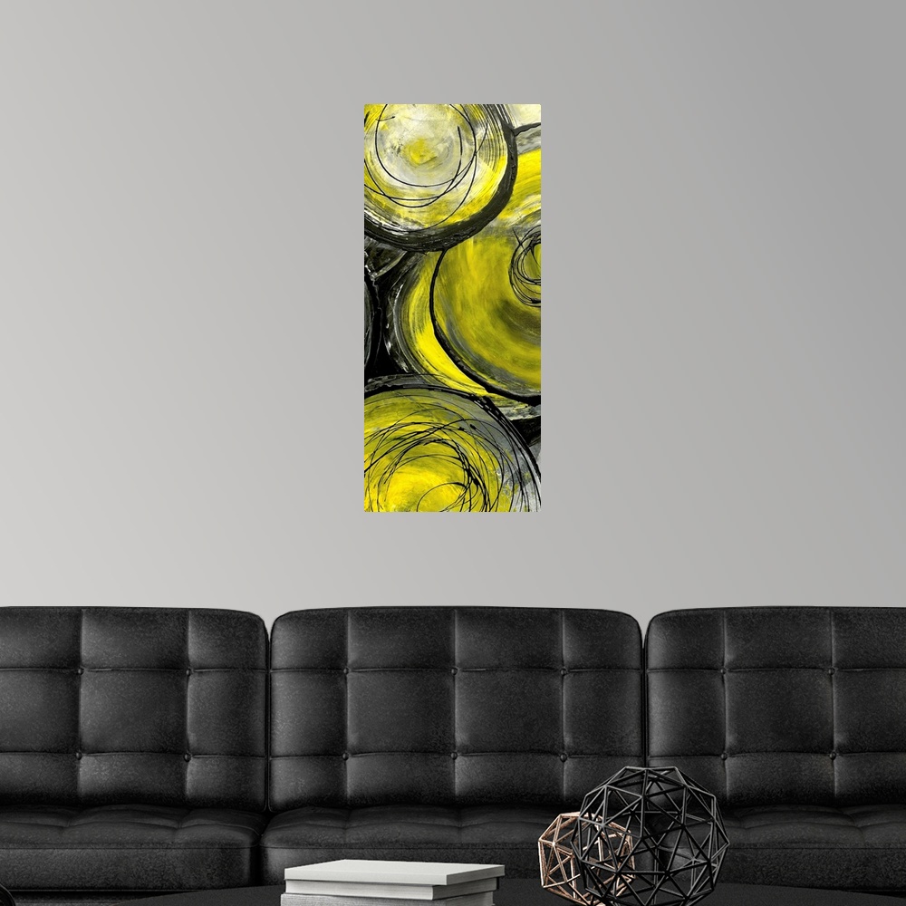 A modern room featuring Giant, vertical contemporary painting of overlapping,  golden circles painted with a mixture of g...