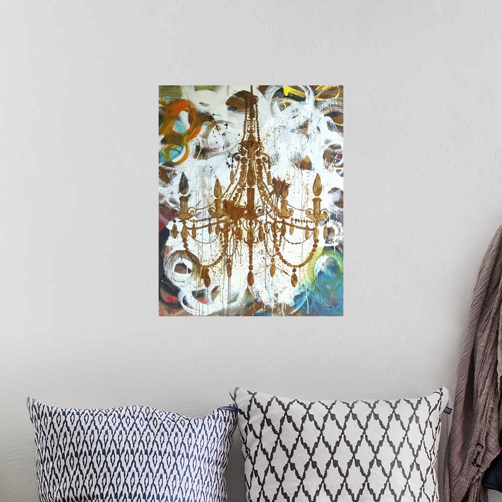 A bohemian room featuring Contemporary artwork of the form of an elegant chandelier stenciled onto a colorful abstract.