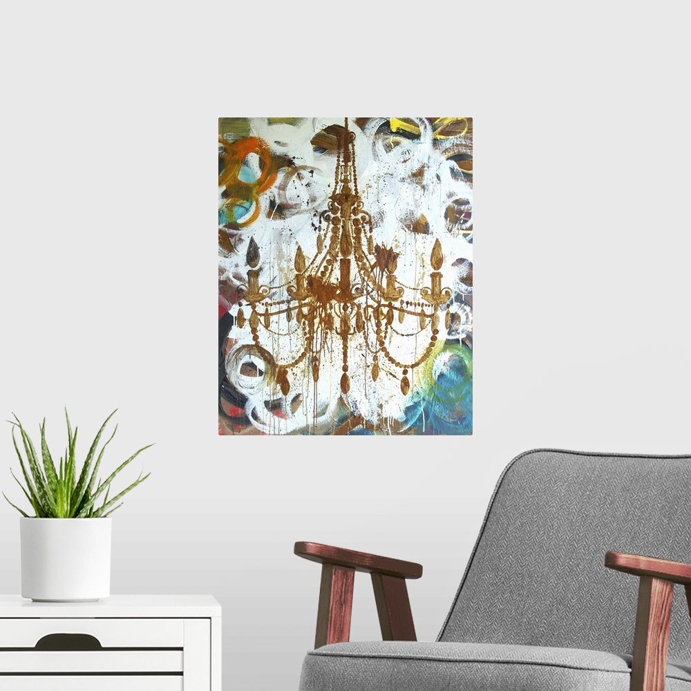 A modern room featuring Contemporary artwork of the form of an elegant chandelier stenciled onto a colorful abstract.