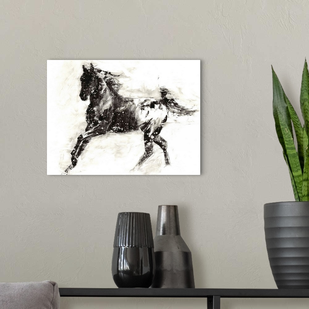 A modern room featuring Black and white painting of a galloping appaloosa horse.