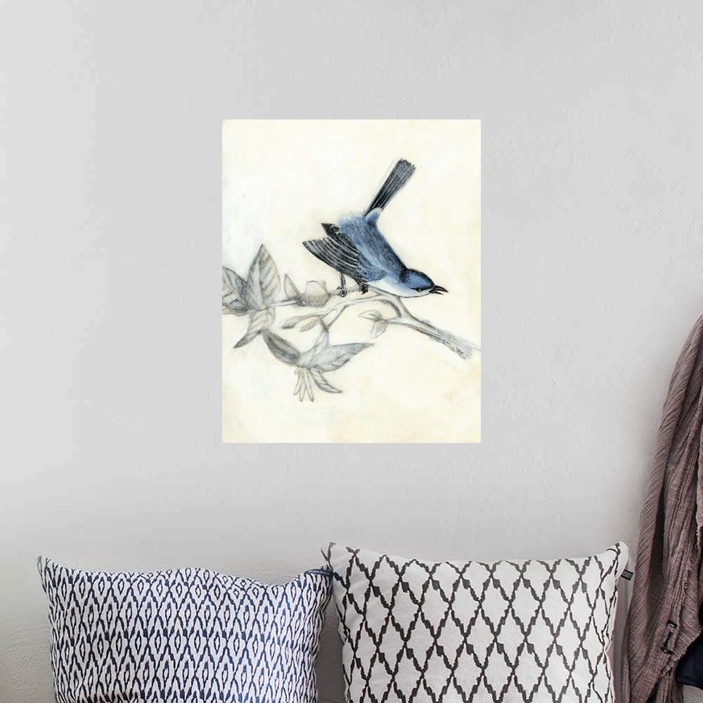 A bohemian room featuring Vintage illustration of a bird on a branch.
