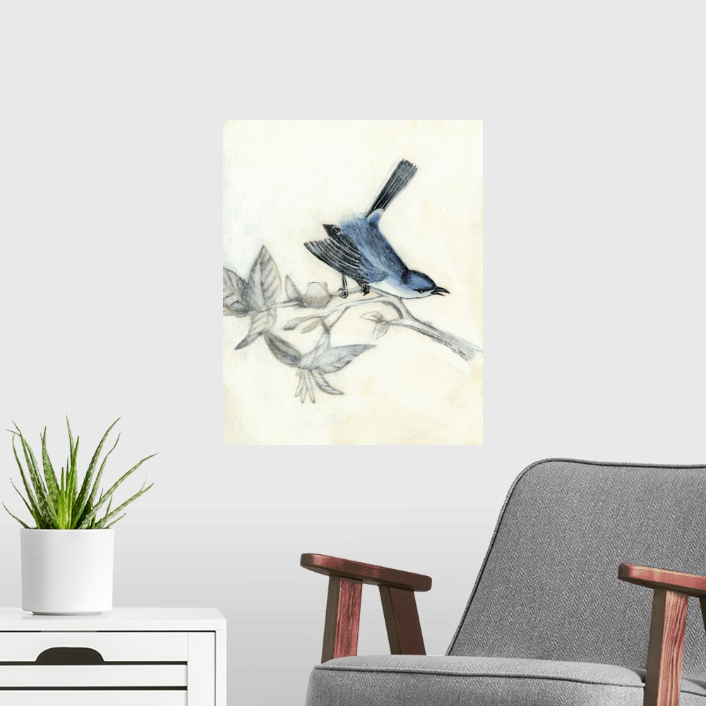 A modern room featuring Vintage illustration of a bird on a branch.