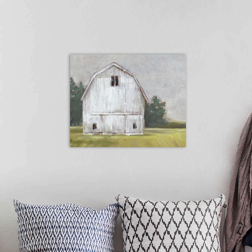 A bohemian room featuring This rustic artwork features spirited brush strokes to create a worn white barn placed over a gra...