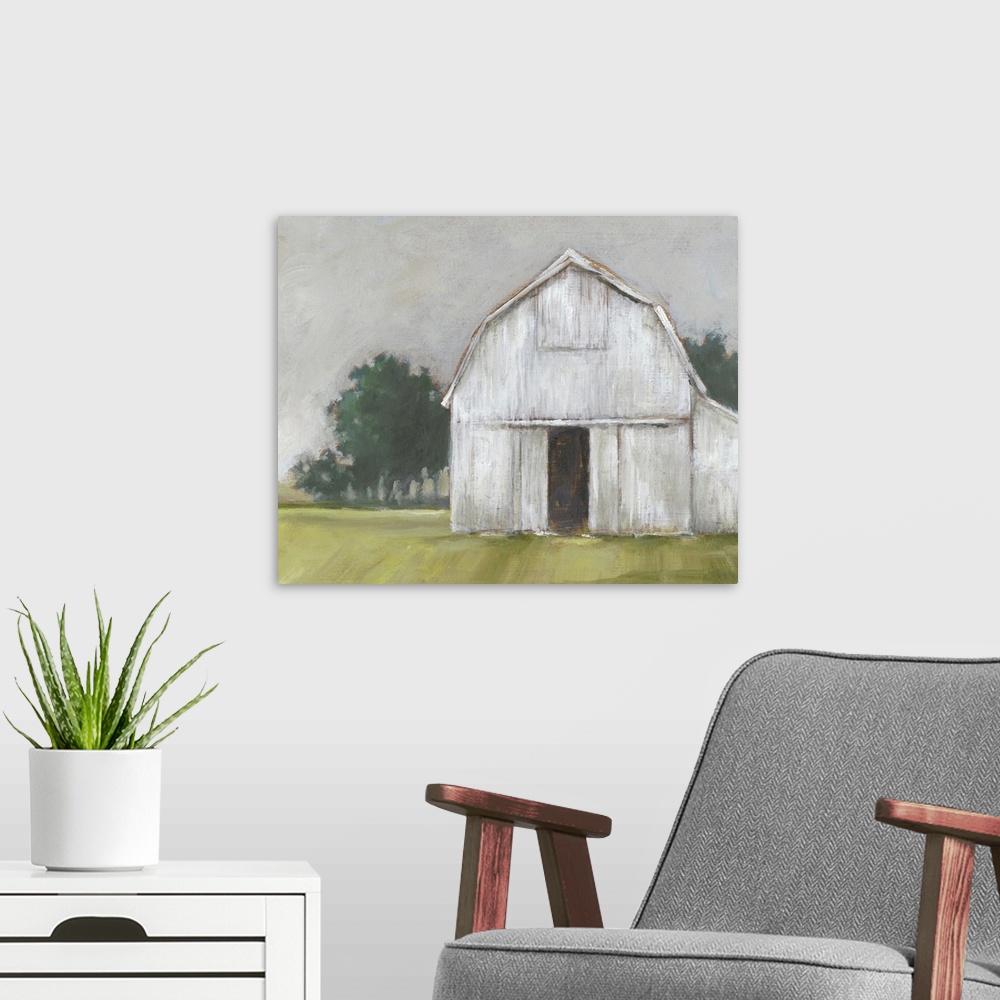 A modern room featuring This rustic artwork features spirited brush strokes to create a worn white barn placed over a gra...