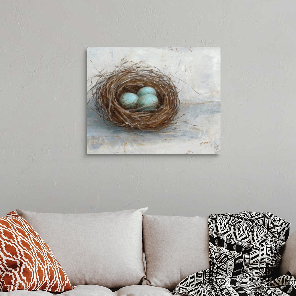 A bohemian room featuring Blue eggs resting in a nest against a distressed light background fills this rustic artwork.