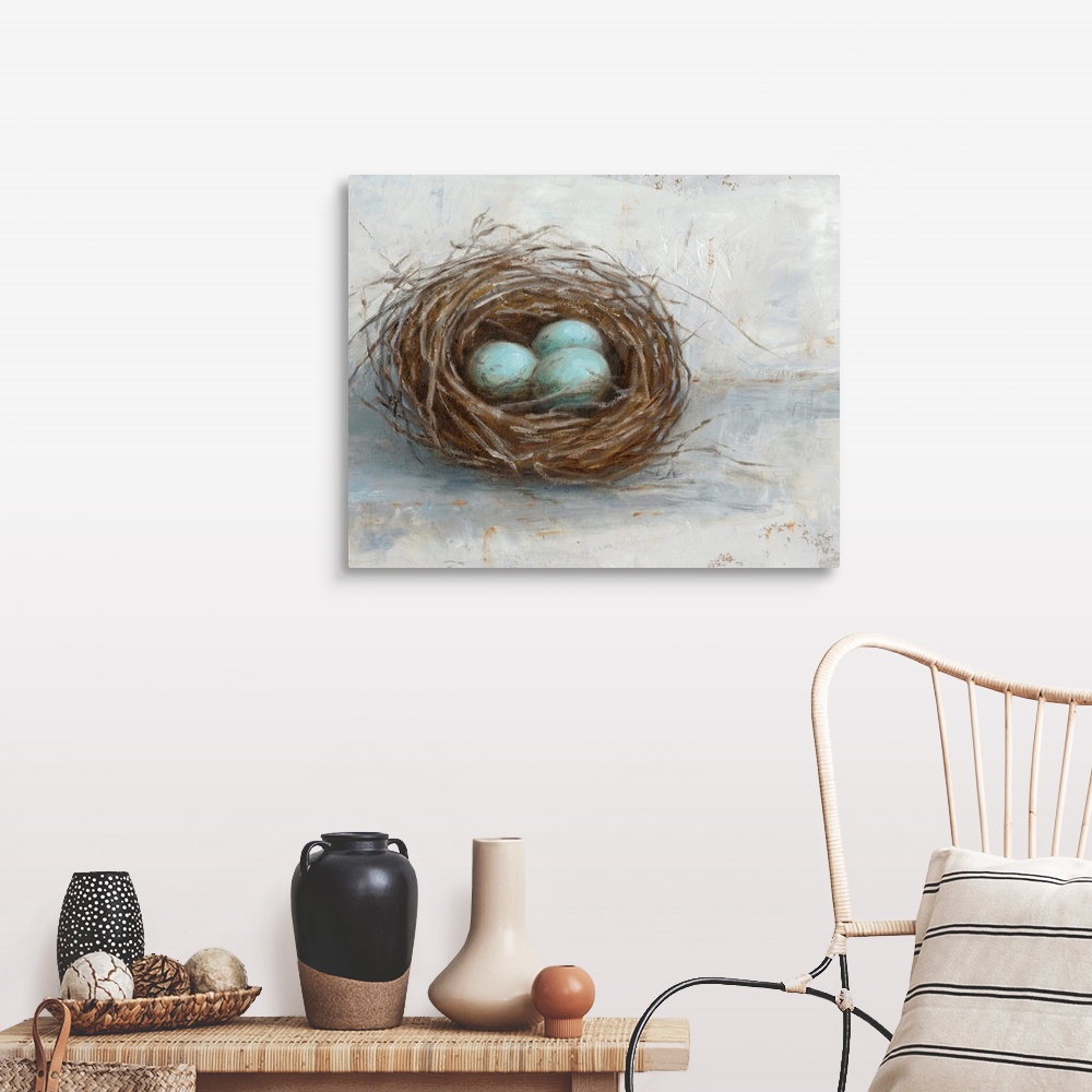 A farmhouse room featuring Blue eggs resting in a nest against a distressed light background fills this rustic artwork.