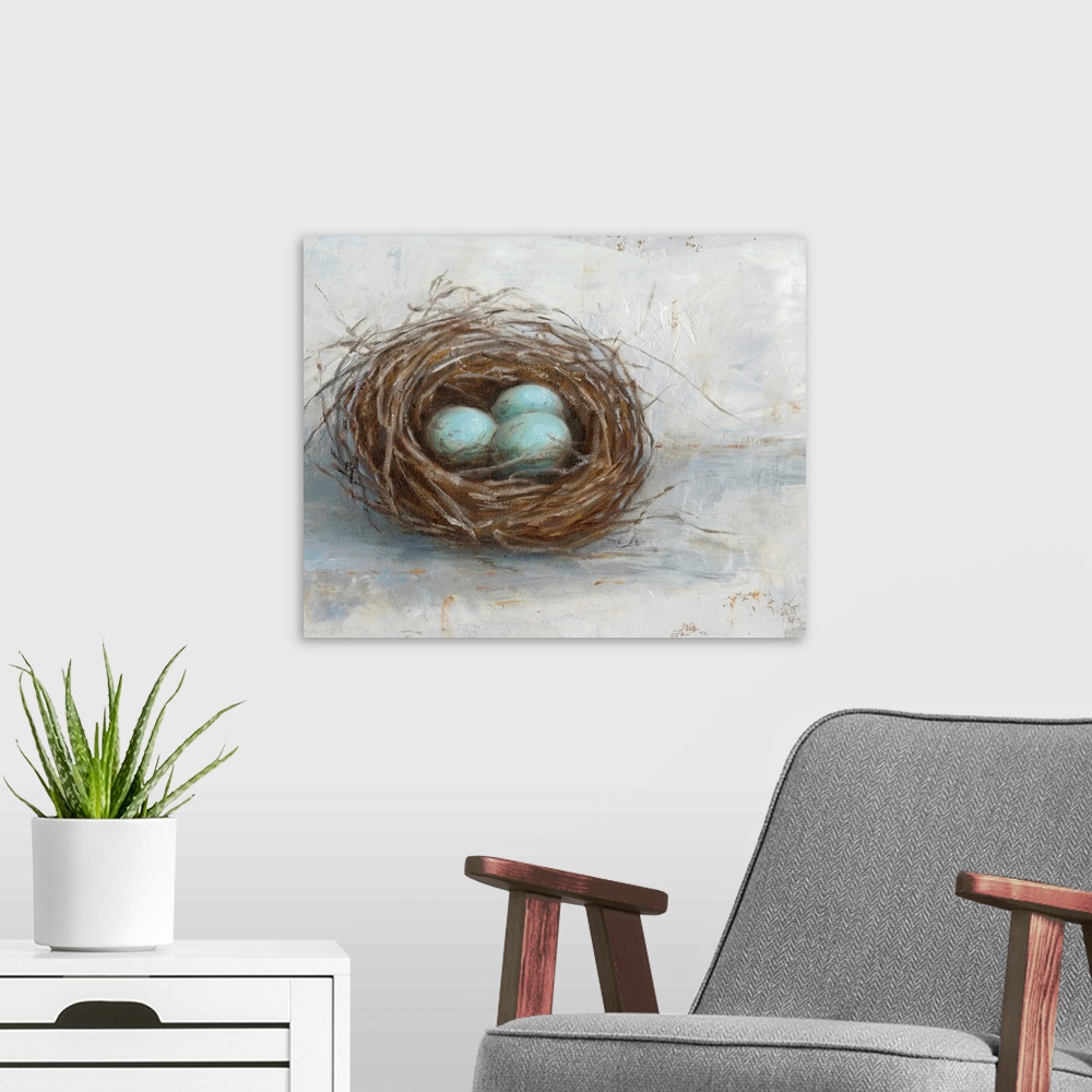A modern room featuring Blue eggs resting in a nest against a distressed light background fills this rustic artwork.
