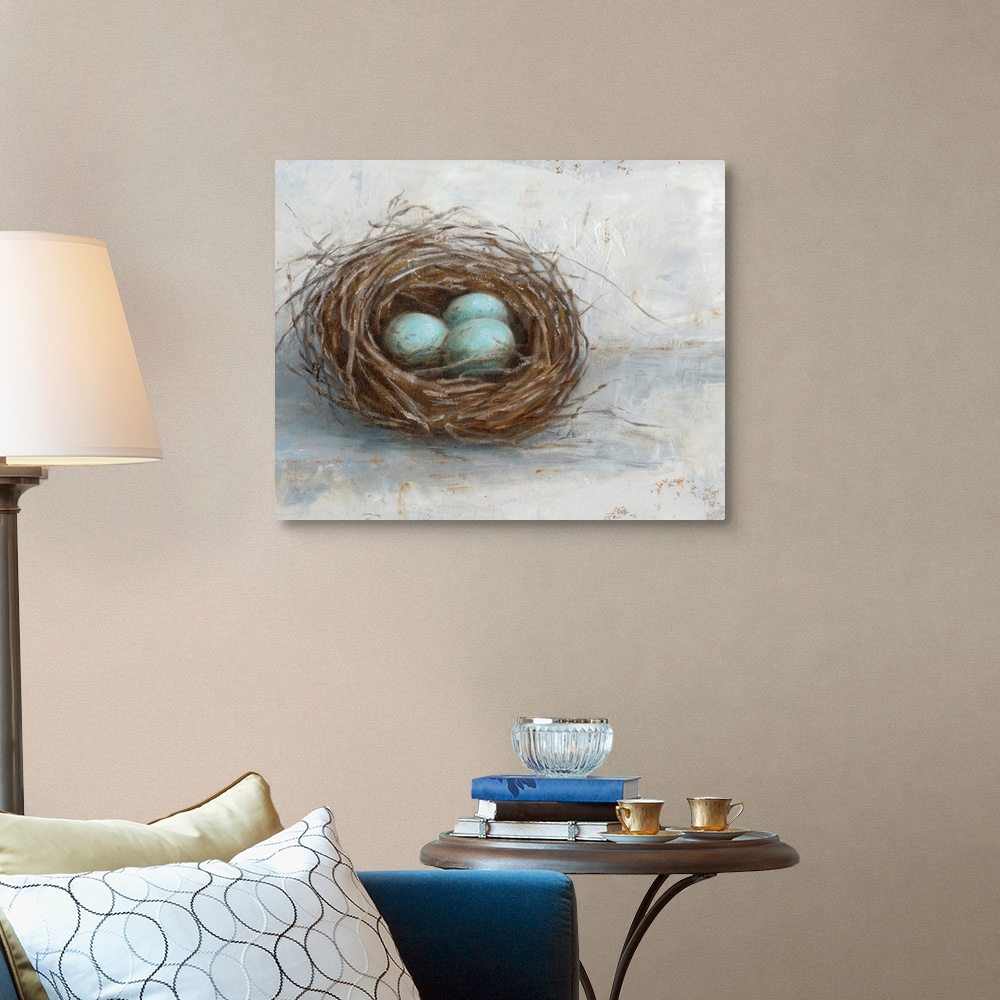 A traditional room featuring Blue eggs resting in a nest against a distressed light background fills this rustic artwork.