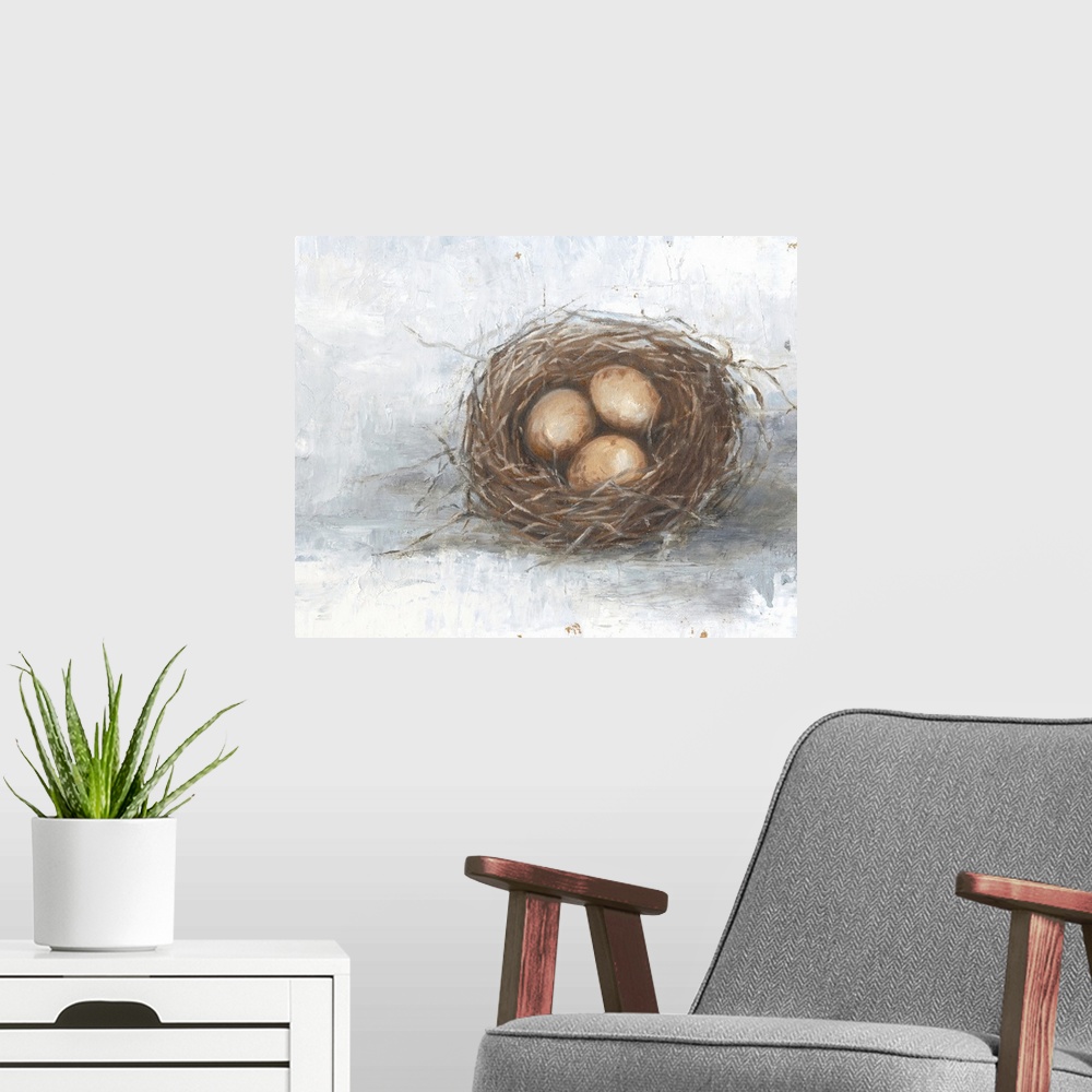 A modern room featuring Orange eggs resting in a nest against a distressed light background fills this rustic artwork.
