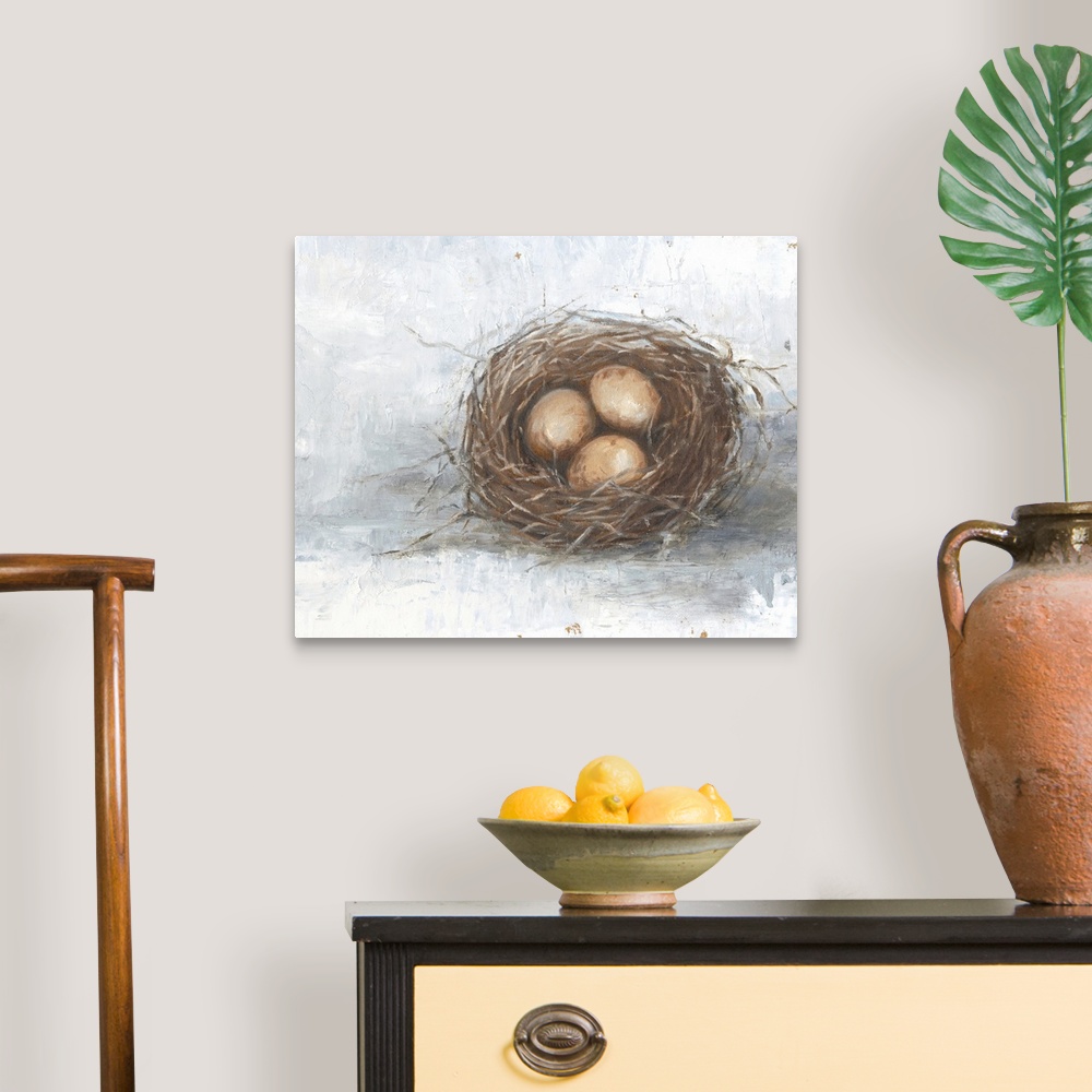 A traditional room featuring Orange eggs resting in a nest against a distressed light background fills this rustic artwork.