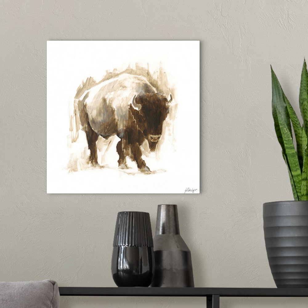 A modern room featuring Contemporary portrait of a buffalo in various brown hues.