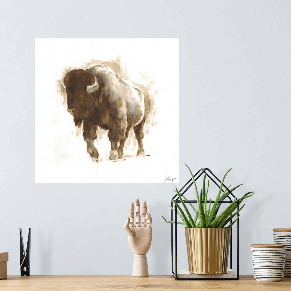A bohemian room featuring Contemporary portrait of a buffalo in various brown hues.