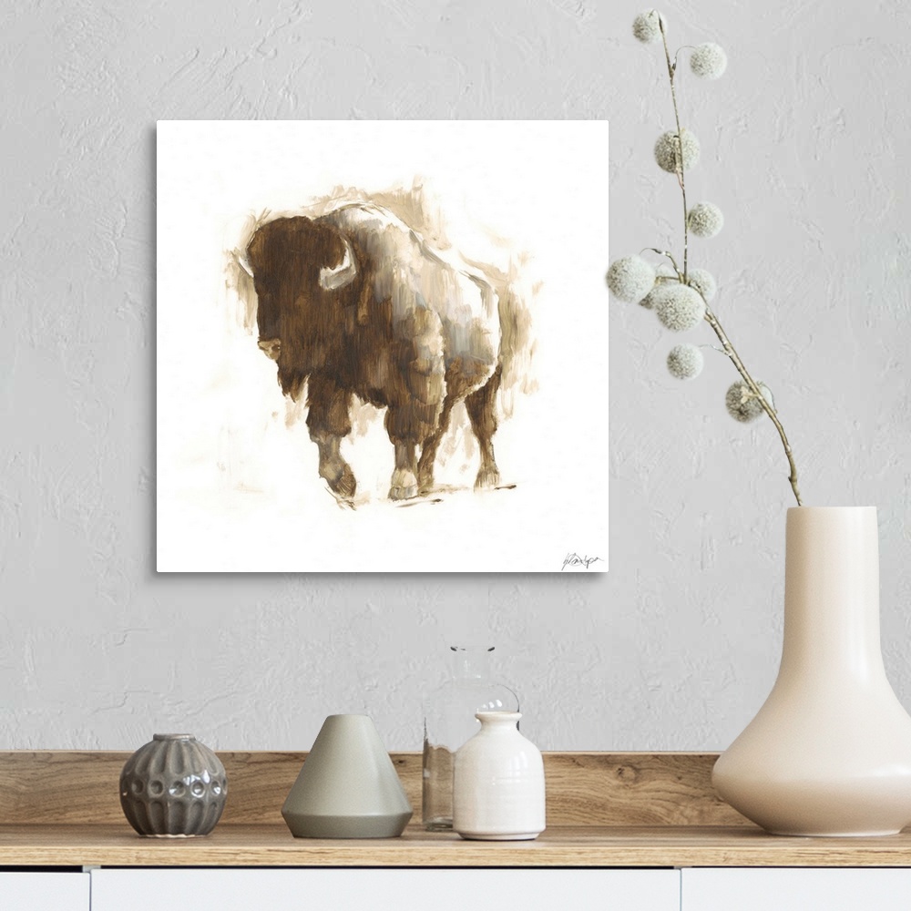 A farmhouse room featuring Contemporary portrait of a buffalo in various brown hues.